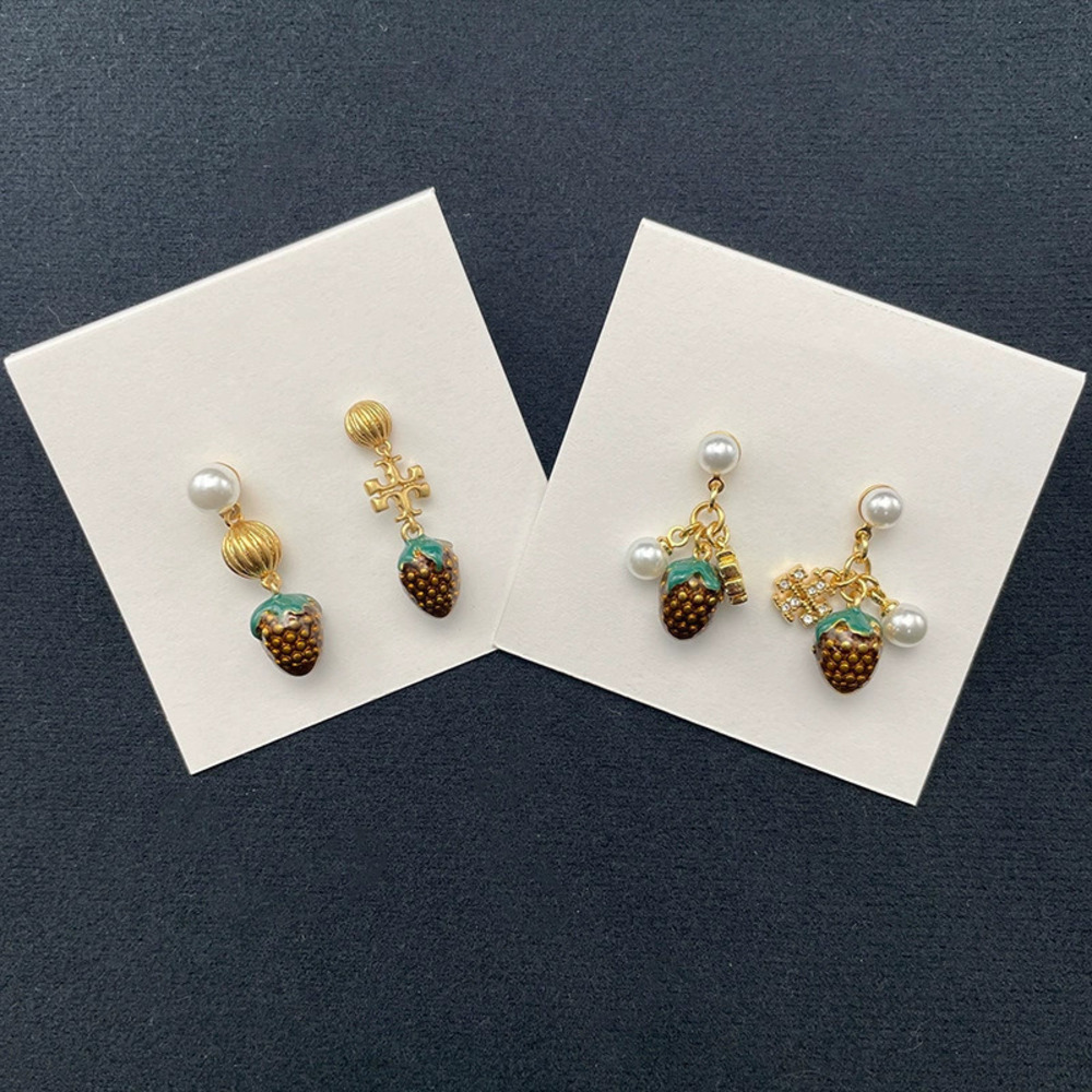 Tory Burch Gold Plated Faux Pearl Strawberry Cross Enamel Stud Earrings